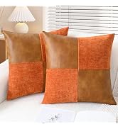 CaliTime Throw Pillow Covers Decorative 18 X 18 Inches Pack of 2 Cozy Chenille Faux Leather Splic...