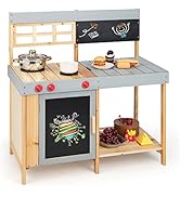 HONEY JOY Mud Kitchen, Wooden Mud Table Play Kitchen for Toddlers, Removable Sink, Chalkboard, Ki...