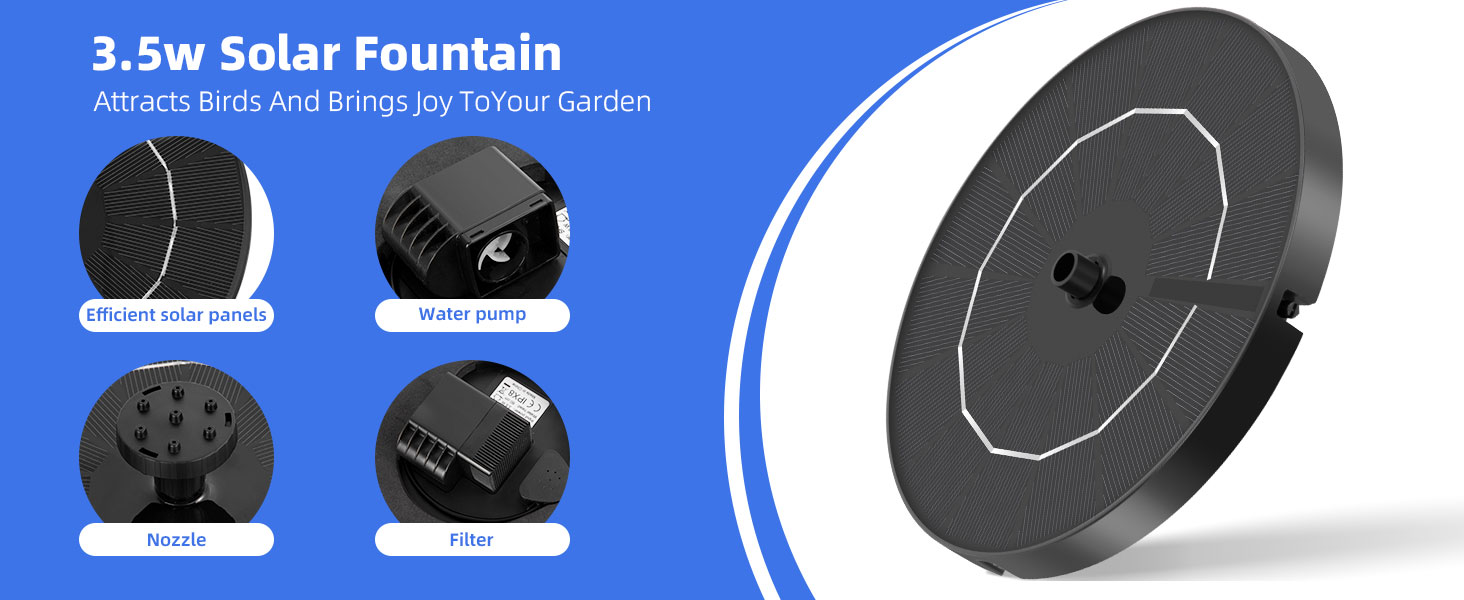 Our solar fountain for bird bath consists of efficiency solar panels, a variety of nozzles