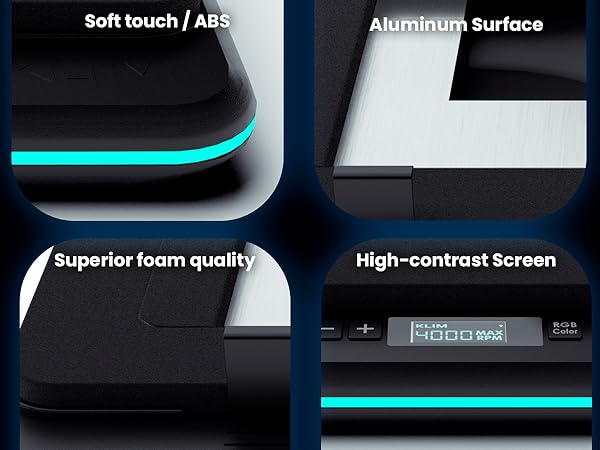 Text reads 'Soft touch/ABS', 'Aluminum Surface', 'High-contrast screen', 'Superior foam quality'. Product detail shots showing various surface textures and material features with blue accent lighting.