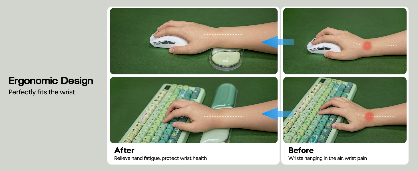 Text reads 'Ergonomic Design' and 'Perfectly fits the hand'. Four-panel demonstration showing hand measurements and green product comparison views with measurement indicators.
