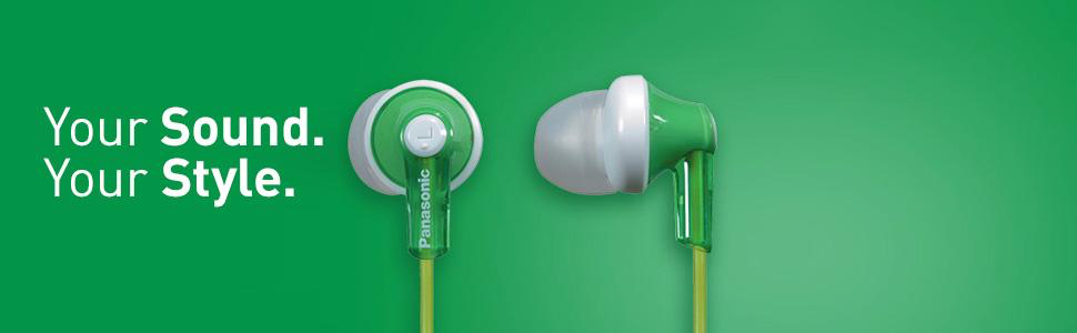 GREEN colored Panasonic RP-HJE120-P earbuds with white trim and ear pieces.