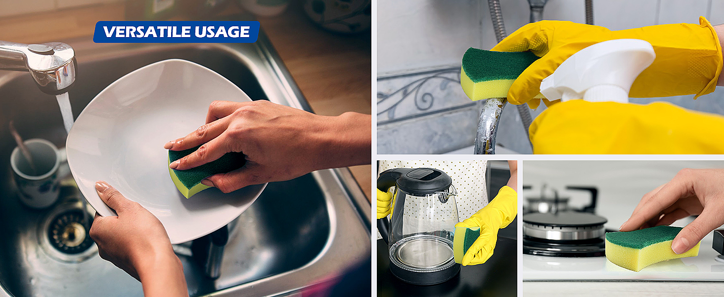Collage of cleaning sponge usage: washing dishes in sink, scrubbing yellow surface, and cleaning stovetop. Text reads 'Versatile Usage'.