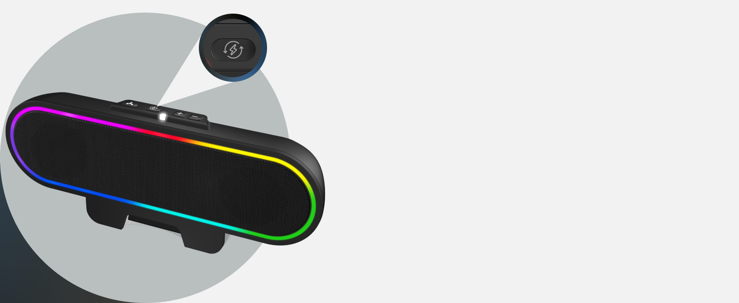Image of a CA-2890GX speakerbar with a highlight on the power switch USB-C booster button