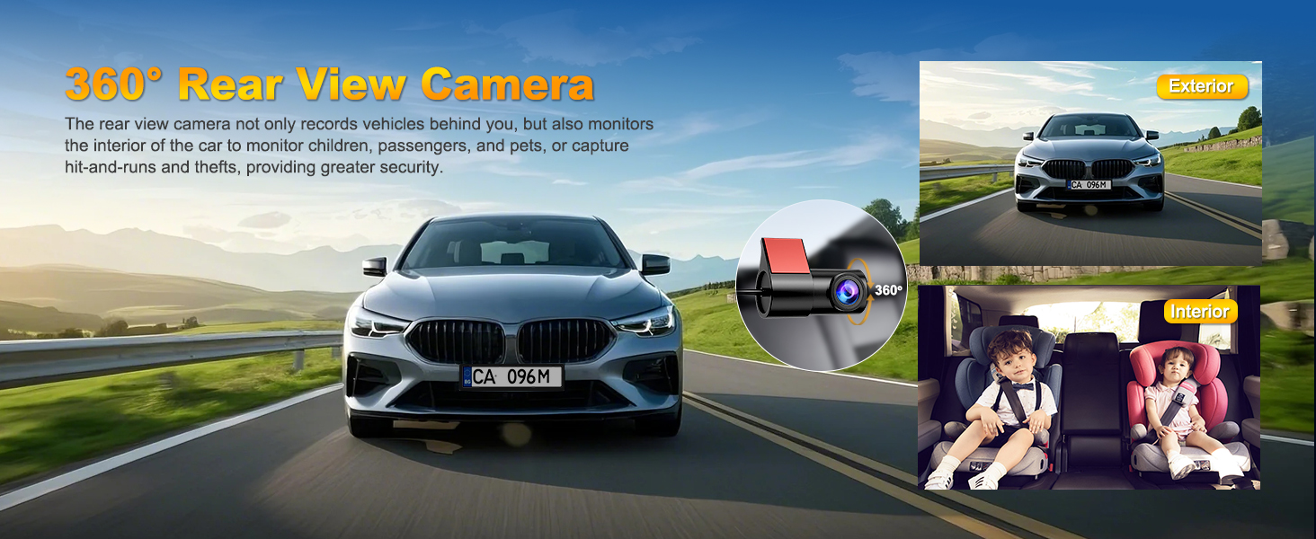 Multi-panel advertisement for car camera system showing BMW vehicle and dashboard camera views for safety monitoring.