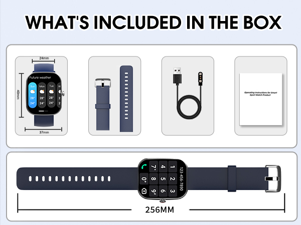 Smartwatch product package contents showing watch with black band (256mm length), extra strap, charging cable, and instruction manual.
