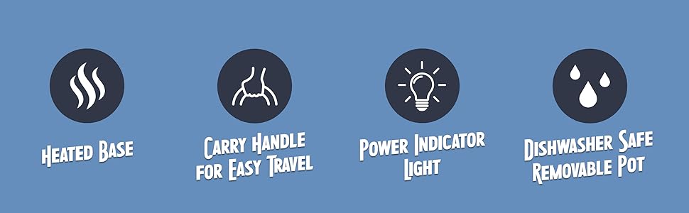 heated base, carry handle, power indicator light, dishwasher safe parts