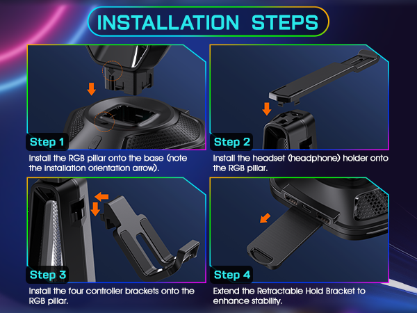 RGB Gaming Headphones Stand with 12 Light Modes, Controller Holder with 2 USB Charging Ports