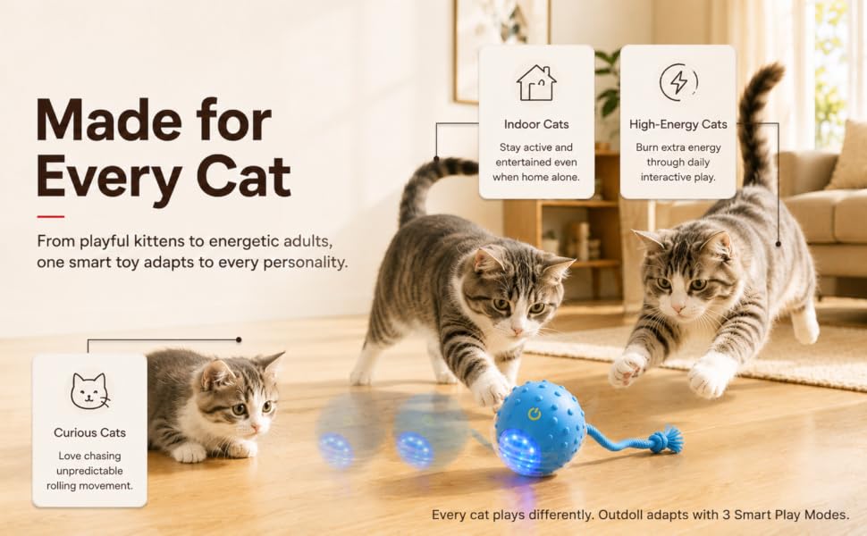 Interactive rolling cat toy designed for curious, indoor, and high-energy cats.