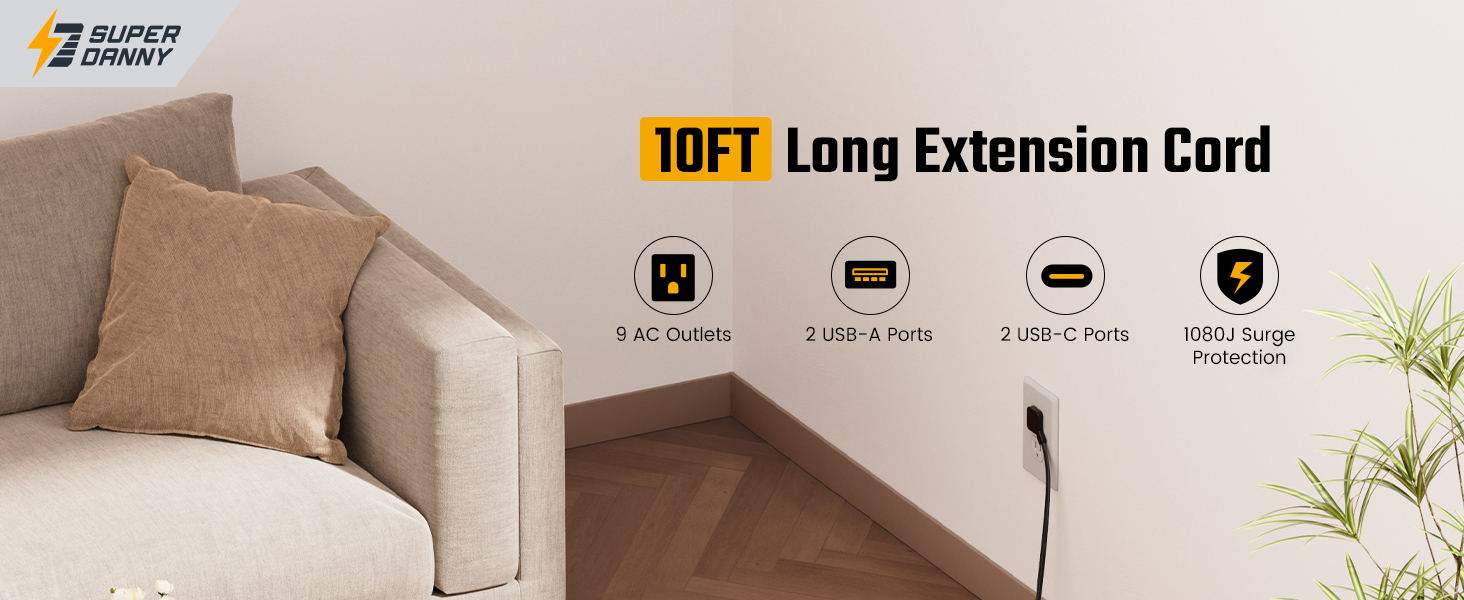 10ft long extension cord power strip