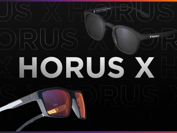 Text reads 'HORUS X'. Advertisement showing modern sunglasses designs against black background with repeated brand text pattern.