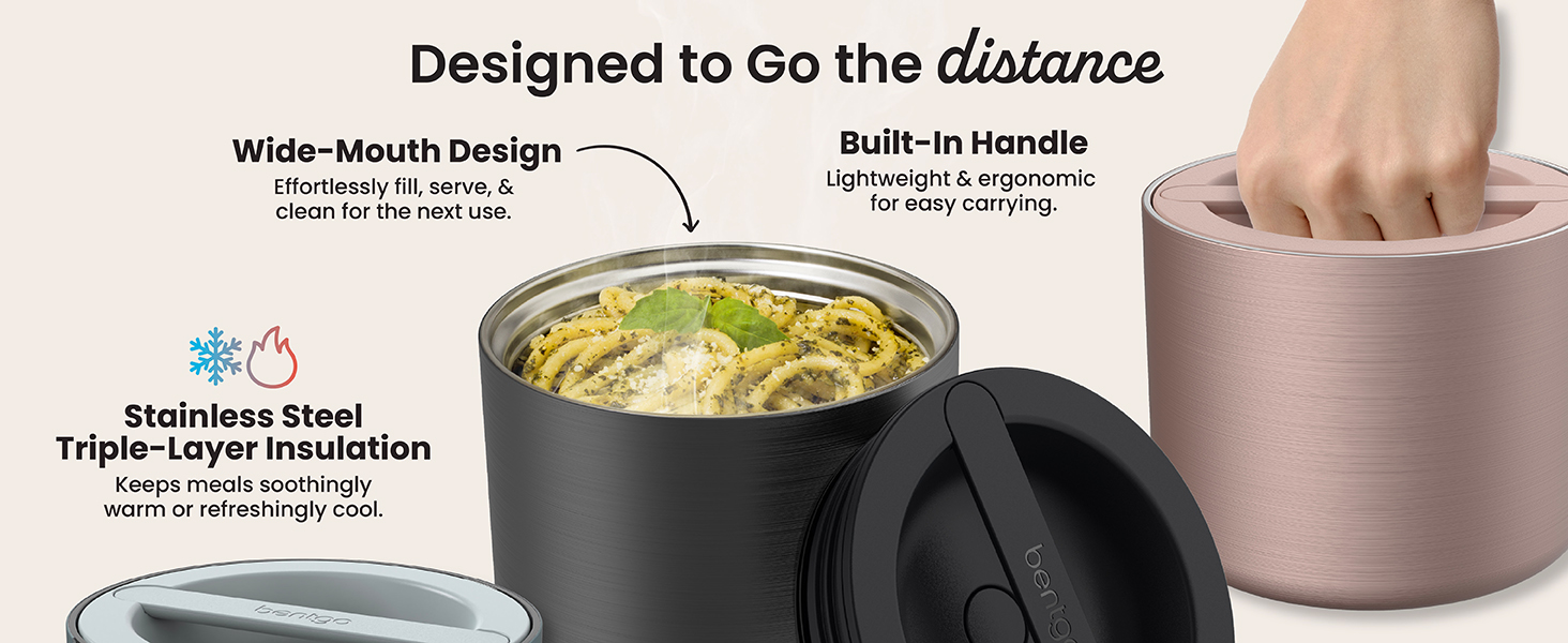 bentgo stainless steel, triple layer insulation, built-in handle, wide mouth, hot food, cold food