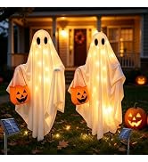 ANLTDTC Solar Ghost Halloween Lights 2Pack Hanging Stake Yard Decor | Solar glowing ghost decor, ...