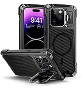 Lanhiem iPhone 14 Pro Max Metal Case, [Built-in Camera Kickstand &amp; Glass Screen Protector] Protec...