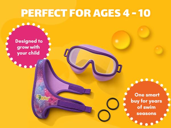 Red fabric swim goggle strap adjusted for a small fit for kids ages 3 to 5