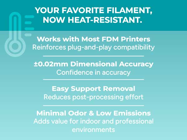 Image showing key differences between HT-PLA and HT-PLA-GF as well as examples of filament spools.