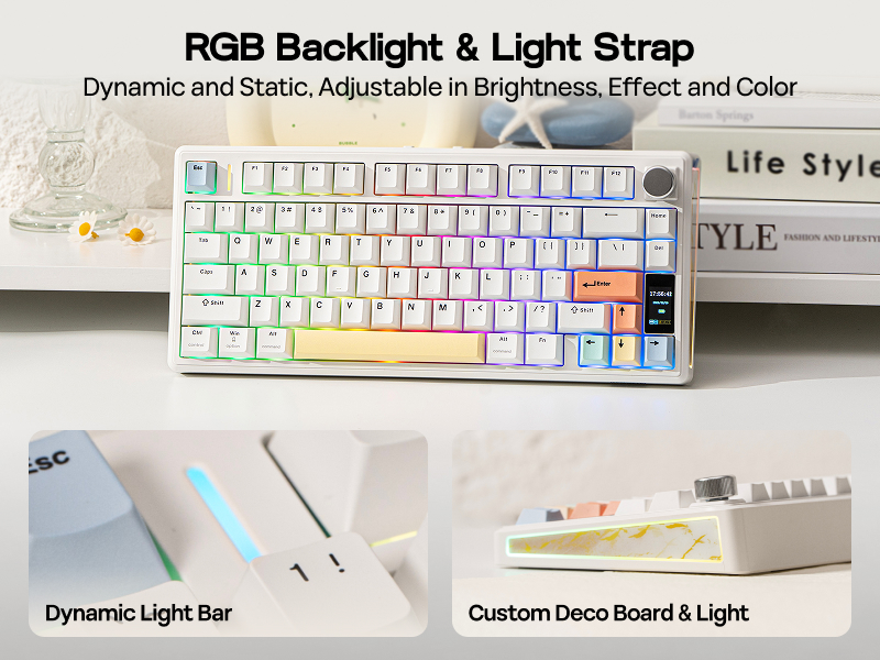 Text reads 'RGB Backlight &amp; Light Strip', 'Life Style', 'Dynamic LED Strip', 'Dynamic Light'. Gaming keyboard with customizable RGB lighting features.