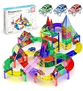 PicassoTiles 128pcs Magnetic Race Car Track Building Block Educational Toy Set Tiles Magnet Plays...