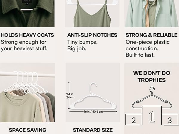 Heavy duty plastic coat hangers holds heavy coats anti-slip notches one-piece slim space saving