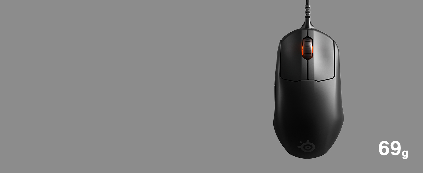 -SteelSeries Prime Mouse floating in space weighing 69g
