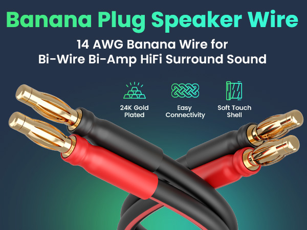 Banana Plug Speaker Wire 14 AWG Banana Wire for Bi-Wire Bi-Amp HiFi Surround Sound
