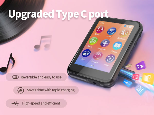 Text reads 'Upgraded Type C port'. Tech product interface showing mobile device charging features with pink and purple gradient background.