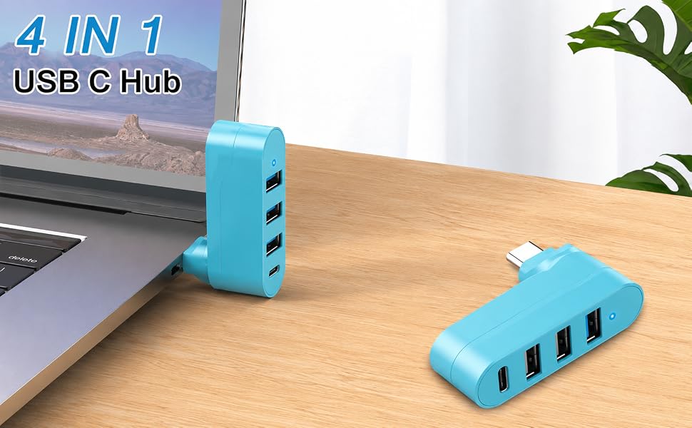 4-Port USB C Hub [90°/180° Degree Rotatable], USB C Adapter Splitter USB Extender Blue