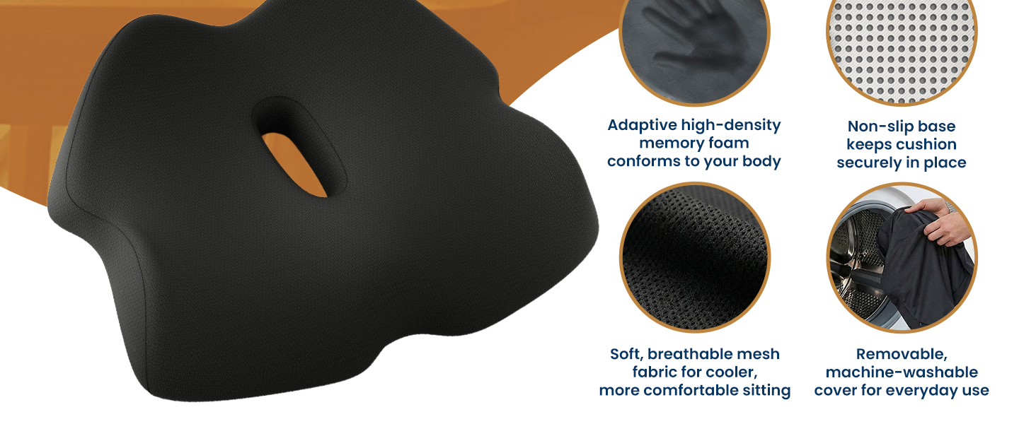 Ergonomic seat cushion shown with memory foam, non-slip base, mesh fabric, and washable cover.