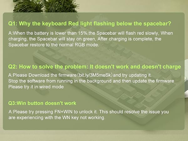 Text reads 'Q1: Why the keyboard Red light flashing below the spacebar?', 'Q2: How to solve this problem. It doesn't work and doesn't charge', 'Q3: Win button doesn't work' followed by corresponding troubleshooting answers.