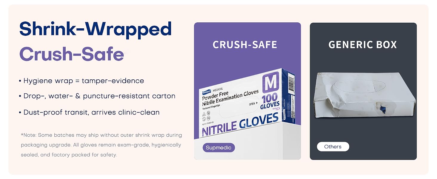 Supmedic gloves shink wrapped crush safe package durable and sealed