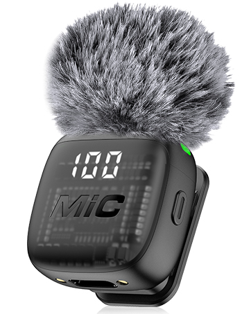 Text reads: '100'. Black wireless microphone with digital display showing battery percentage and 'MIC' label. Windscreen foam cover in dark gray attached to device for outdoor recording applications.