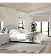 Martha Stewart Amelia Platform Bed with Curved Headboard and Cushioned Side Rails, Faux Linen Uph...