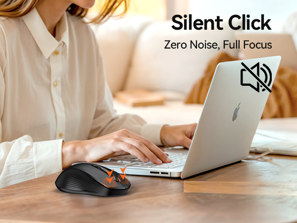 Text reads 'Silent Click' and 'Zero Noise, Full Focus'. Image shows computer mouse next to laptop on wooden desk, emphasizing quiet operation feature.