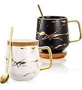 Peohud 2 Pack Porcelain Coffee Mugs Set, 14 OZ Marble Coffee Cups with Lid and Spoon, Large Tea M...