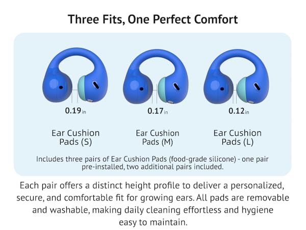 Three sizes of silicone ear pads (S M L) for personalized comfortable fit.