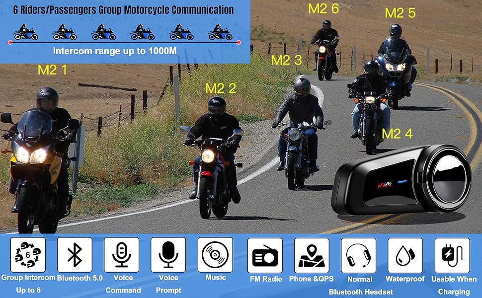 Motorcycle Bluetooth Headset 6 Riders Group Intercom 1000M 5.0 Bluetooth