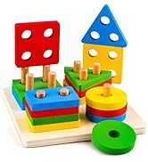 Montessori Toys for 1 to 3 Year Old Boys Girls Toddlers, Wooden Shape Sorter &amp; Stacking Toys, Col...