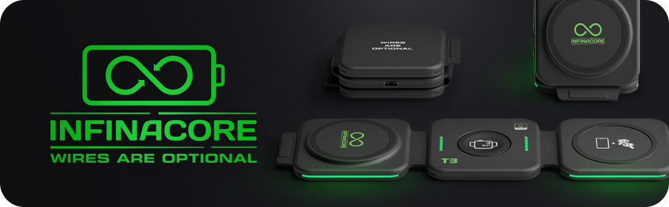 Infinacore, T3 Wireless Charging Pad for iPhone, Apple Watch, and Airpods.
