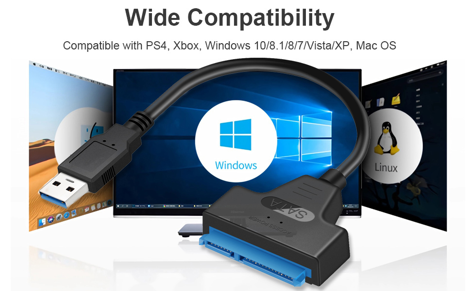 SATA to USB adapter compatible with Windows 10/8.1/8/7/Vista/XP, Mac OS
