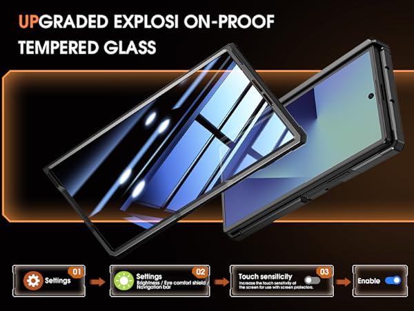 Text reads 'UPGRADED EXPLOSION-PROOF TEMPERED GLASS'. Multiple smartphone screen protectors shown with technical diagrams illustrating protective layers and features.