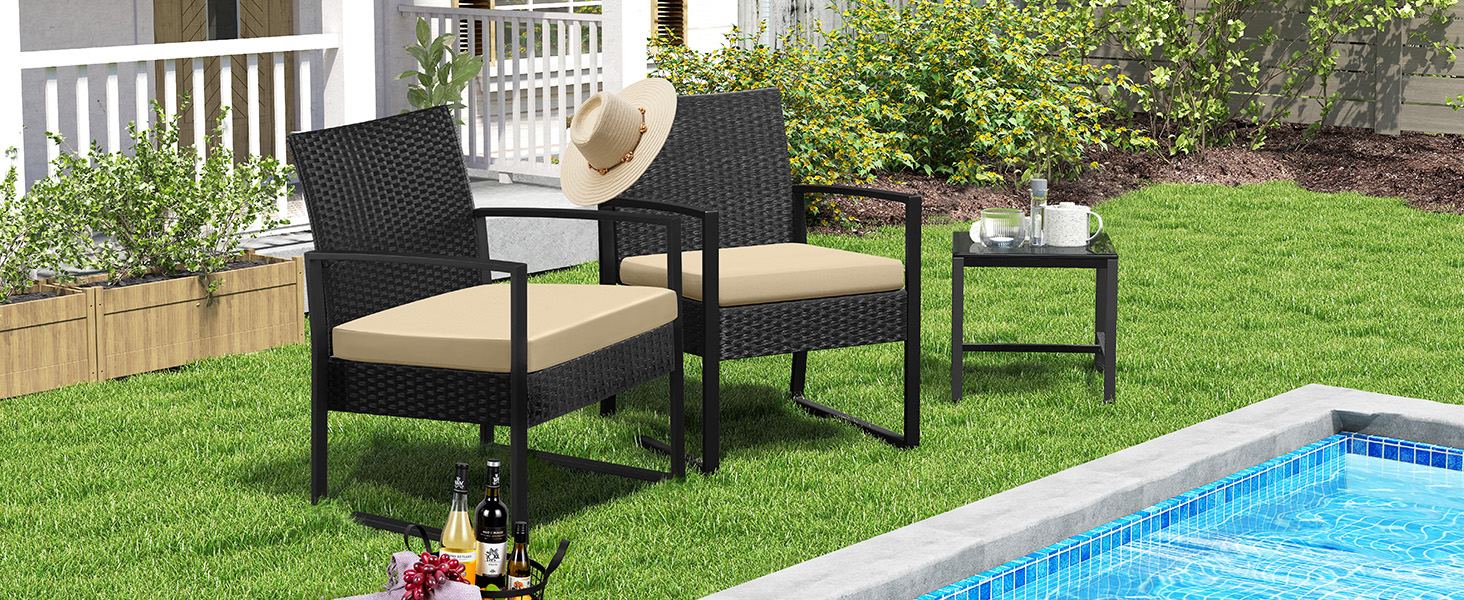 3-Piece Patio Set Rattan Chairs &amp; Table