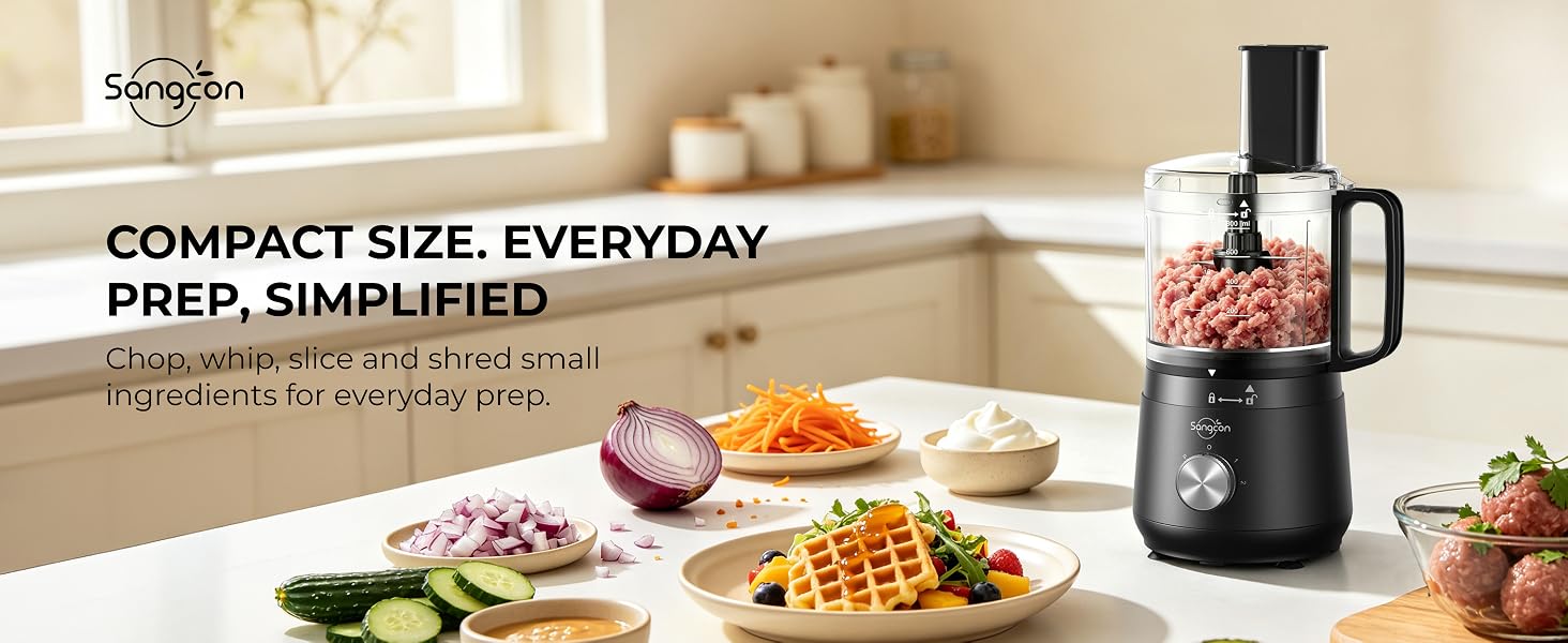 Compact Sangcon food processor with ground meat, chopped vegetables, dip, waffles and meatballs