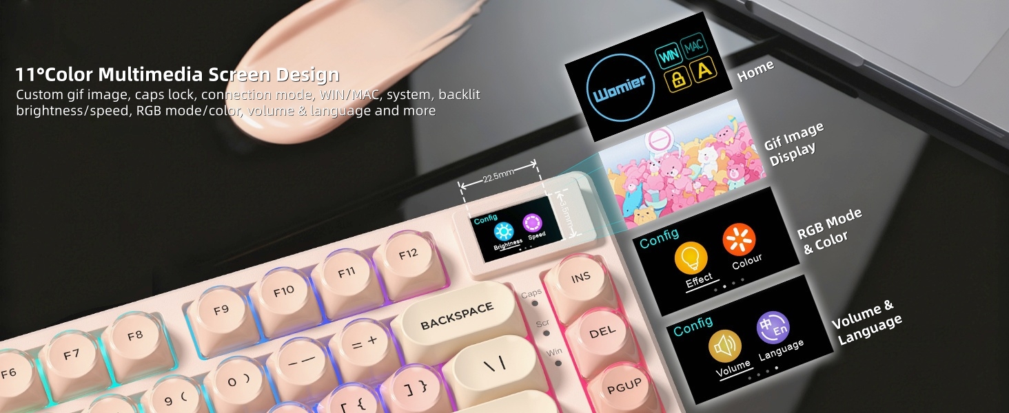 Pink Mechanical Gaming Keyboard 75% with Color Multimedia Display Jelly Keyboard Wired