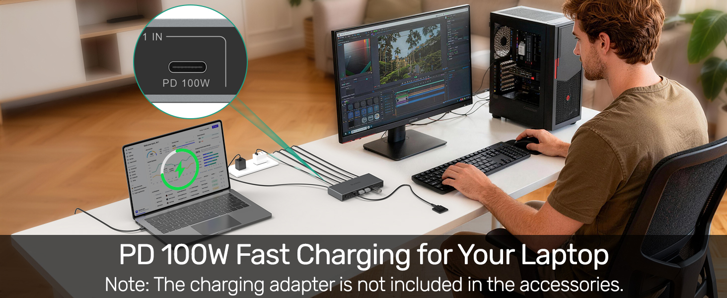 Text reads 'PD 100W Fast Charging for your Laptop', 'Note: The charging adapter is not included in accessories'. Desktop setup showing laptop charging scenario with technical specifications.