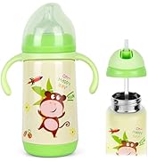 PHEENOWL Stainless Steel Insulated Baby Bottle 10oz – Medium-Flow Nipple &amp; Straw Lid with Removab...