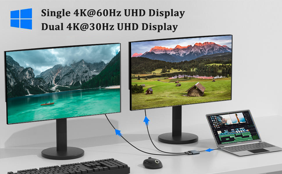 USB C to Dual HDMI Adapter with 2 4K@60Hz HDMI Mirror Mode and Extended Mode Plug and Play