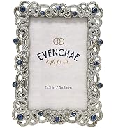 Evenchae 2x3 Silver Mini Picture Frame for Desk - Filigree + Blue Rhinestones | Holds Cut to Size...