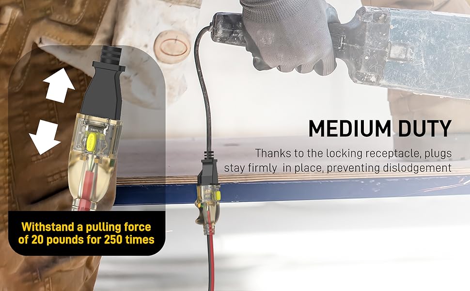 Medium DUTY Thanks to the locking receptacle, plugs stay firmly in place, preventing dislodgement