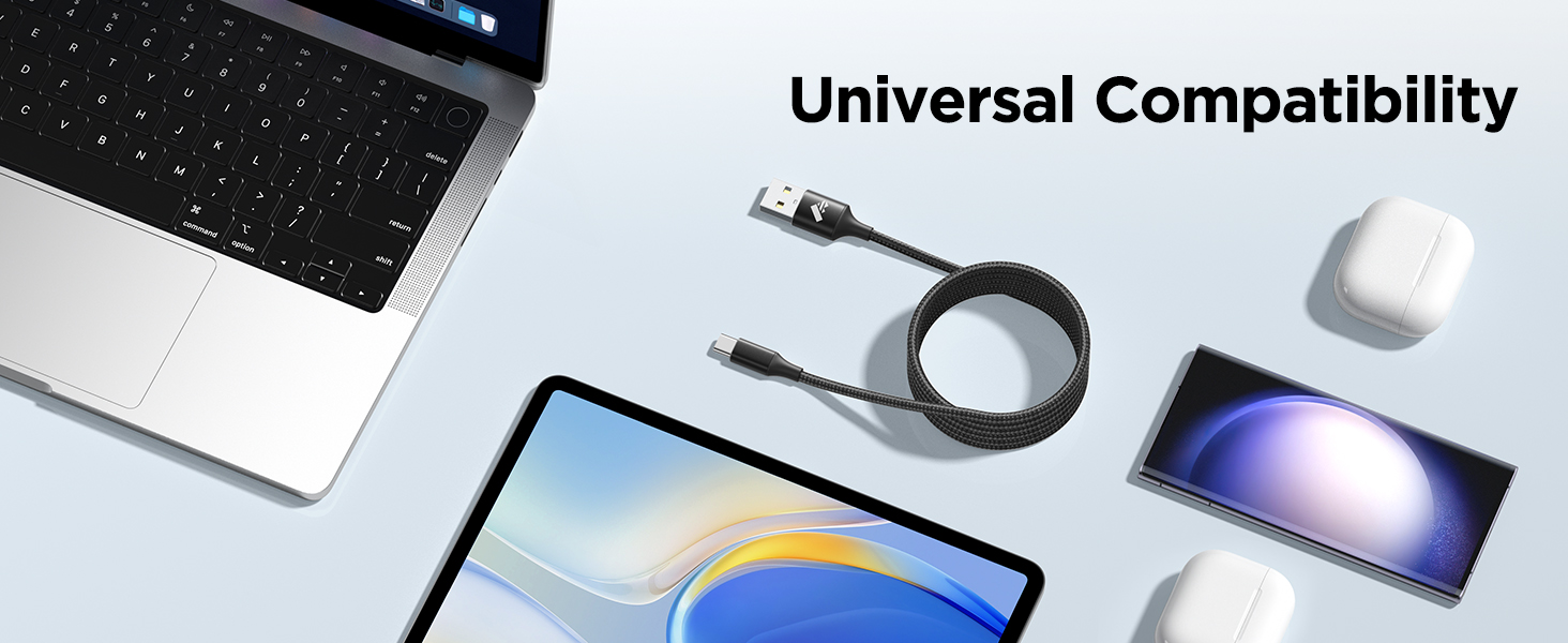 Various electronic devices including laptop, tablet, and smartphone, with charging cables and accessories arranged on a white surface, demonstrating universal compatibility.