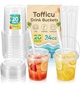 Tofficu 20 Pack 24oz Plastic Drink Buckets with Lids, Straws &amp; Handles | Party Cups for Iced Coff...